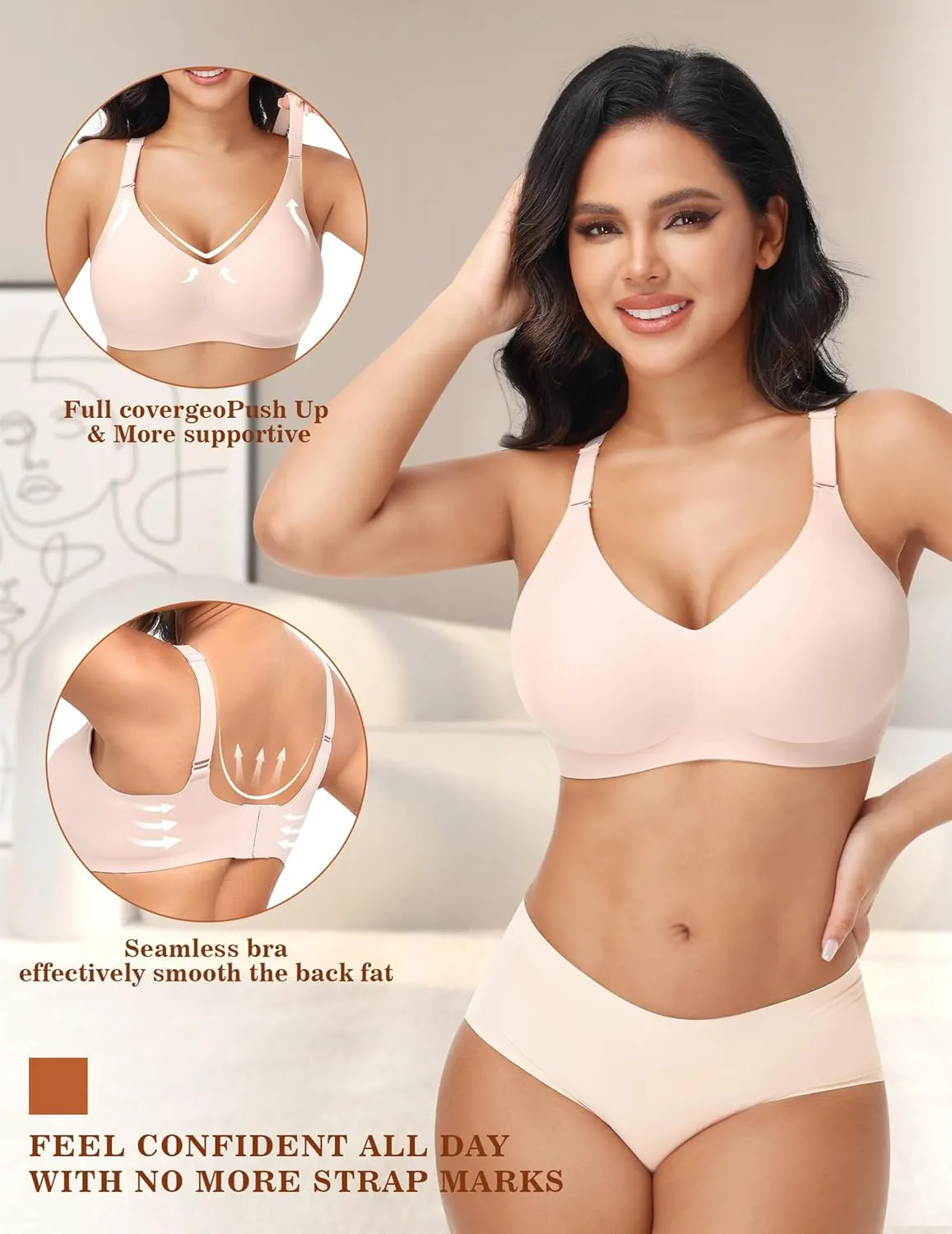 PoseFree Wireless Bras for Women No Underwire Full Coverage Supportive Seamless Back Fat Smoothing Padded Push Up Bra