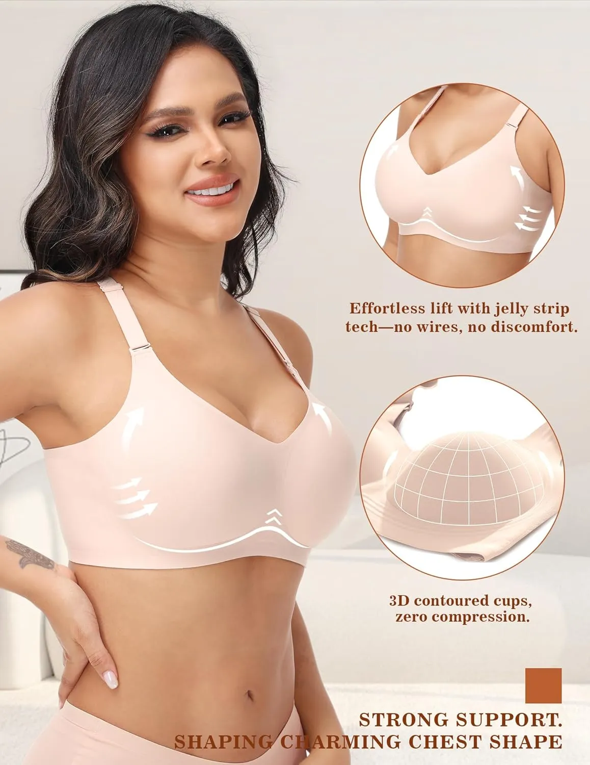 PoseFree Wireless Bras for Women No Underwire Full Coverage Supportive Seamless Back Fat Smoothing Padded Push Up Bra