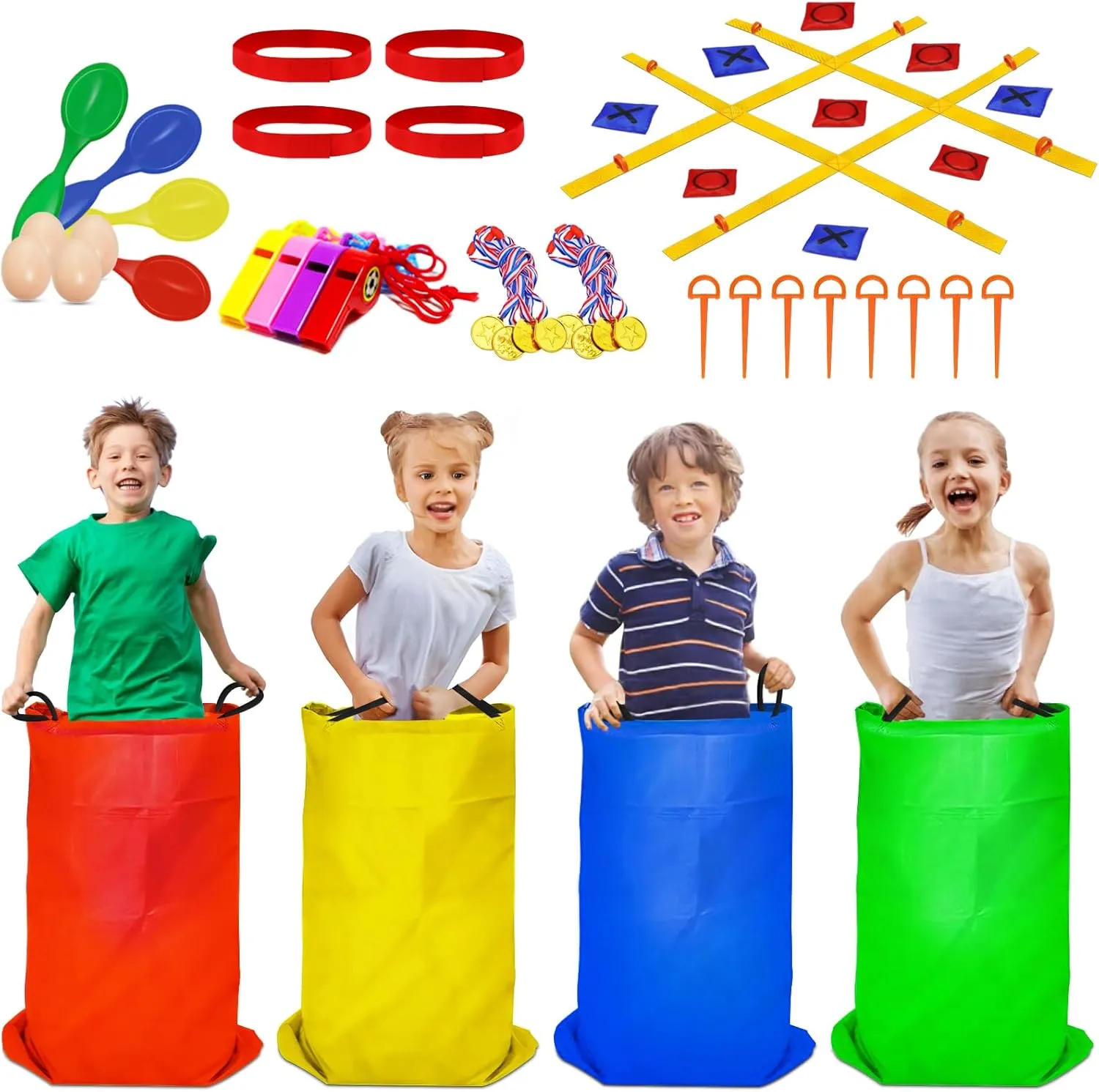 Potato Sack Race Bags, Tic Tac Toe Game, Egg Spoon Race, 3 Legged Races Bands, 39PCS Outdoor Games Sets for Birthday Party Field Day Family Reunion Carnival, Kids Adults Outside Yard Lawn Easter Game