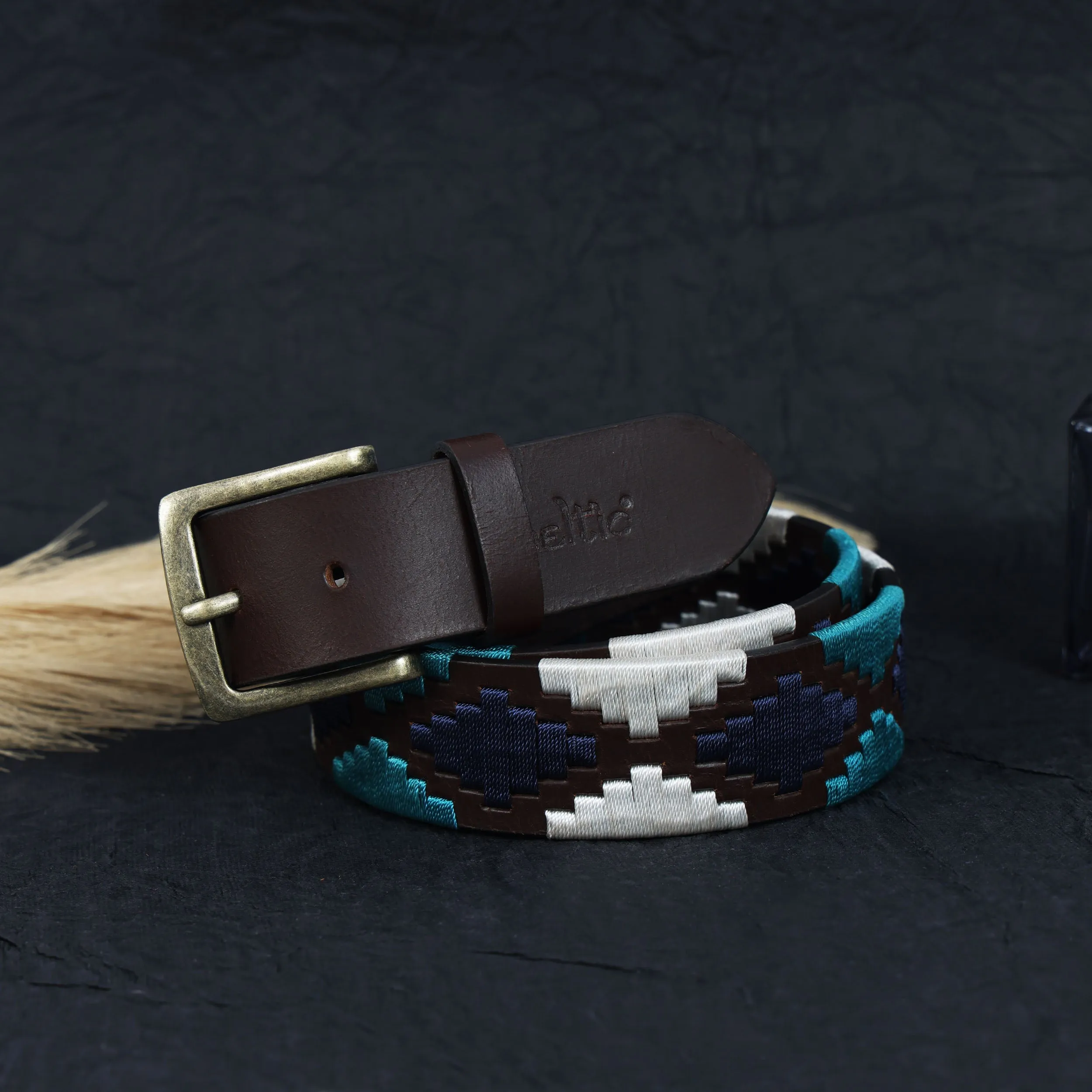 Premium Brown Leather Belt with Golden Buckle & Multi-Color Stitching.LB-874