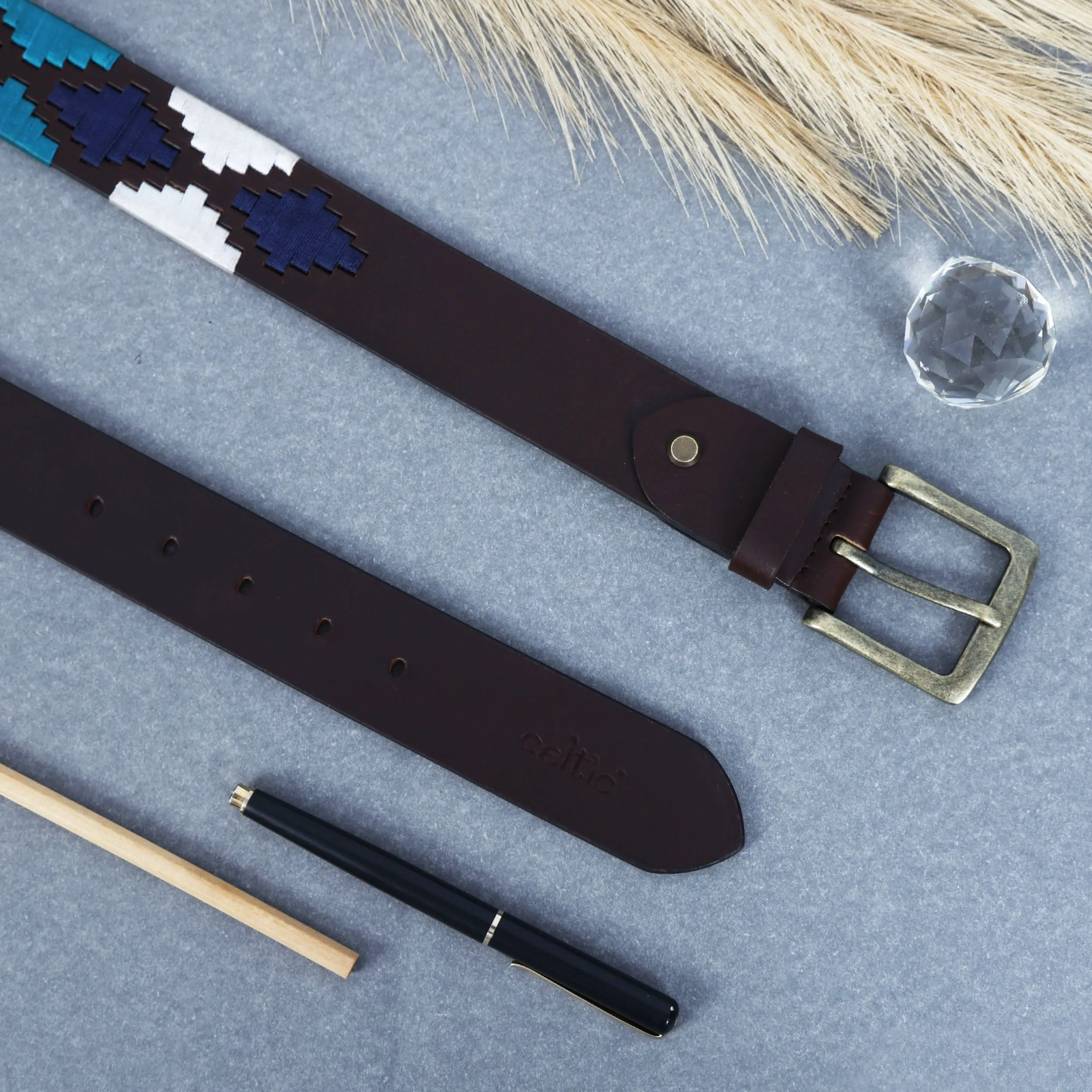 Premium Brown Leather Belt with Golden Buckle & Multi-Color Stitching.LB-874