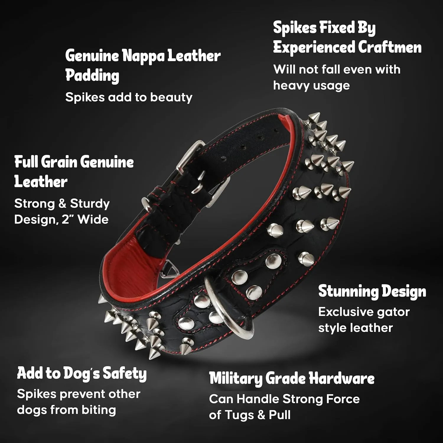 Premium Genuine Leather Spike Dog Collar, Crocodile Pattern, Gator Design | Full Grain, Heavy Duty, Exotic, Distinguish, 2" Wide (Onyx Black, M (Fit Neck 14.5"-18.5"))