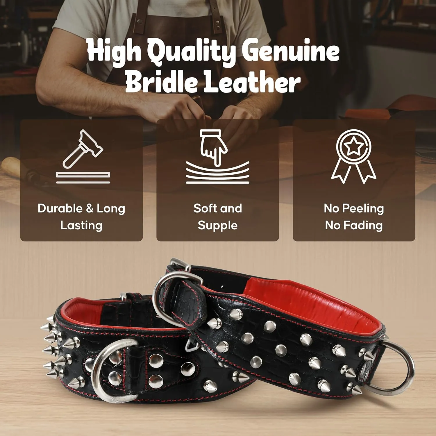 Premium Genuine Leather Spike Dog Collar, Crocodile Pattern, Gator Design | Full Grain, Heavy Duty, Exotic, Distinguish, 2" Wide (Onyx Black, M (Fit Neck 14.5"-18.5"))