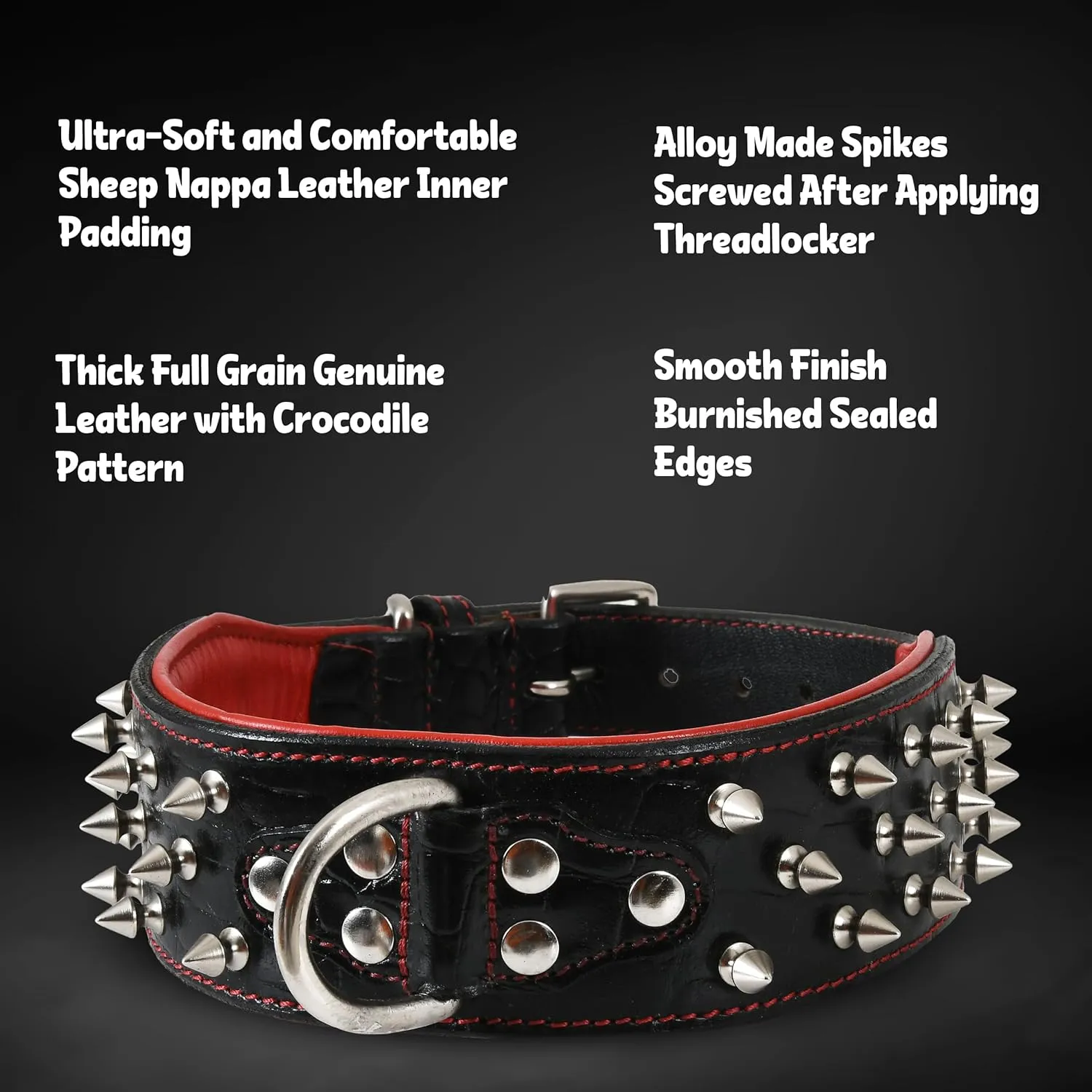 Premium Genuine Leather Spike Dog Collar, Crocodile Pattern, Gator Design | Full Grain, Heavy Duty, Exotic, Distinguish, 2" Wide (Onyx Black, M (Fit Neck 14.5"-18.5"))