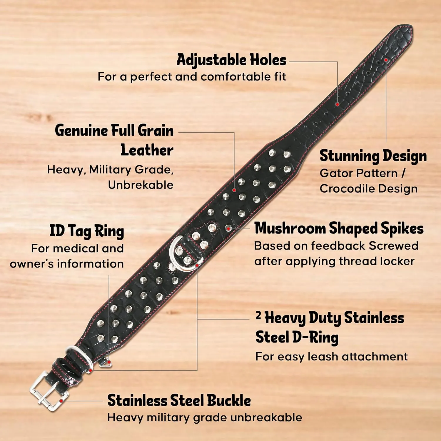 Premium Genuine Leather Spike Dog Collar, Crocodile Pattern, Gator Design | Full Grain, Heavy Duty, Exotic, Distinguish, 2" Wide (Onyx Black, M (Fit Neck 14.5"-18.5"))