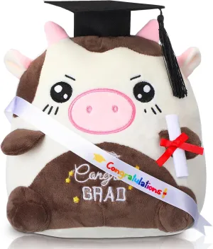 Preschool Graduation Plush 9.84 Inch Graduation Stuffed Animal with Cap Diploma Sash Kindergarten Plushie Pillow Toy Congratulations Grad Gifts for Boys Girls Kids(Cow)