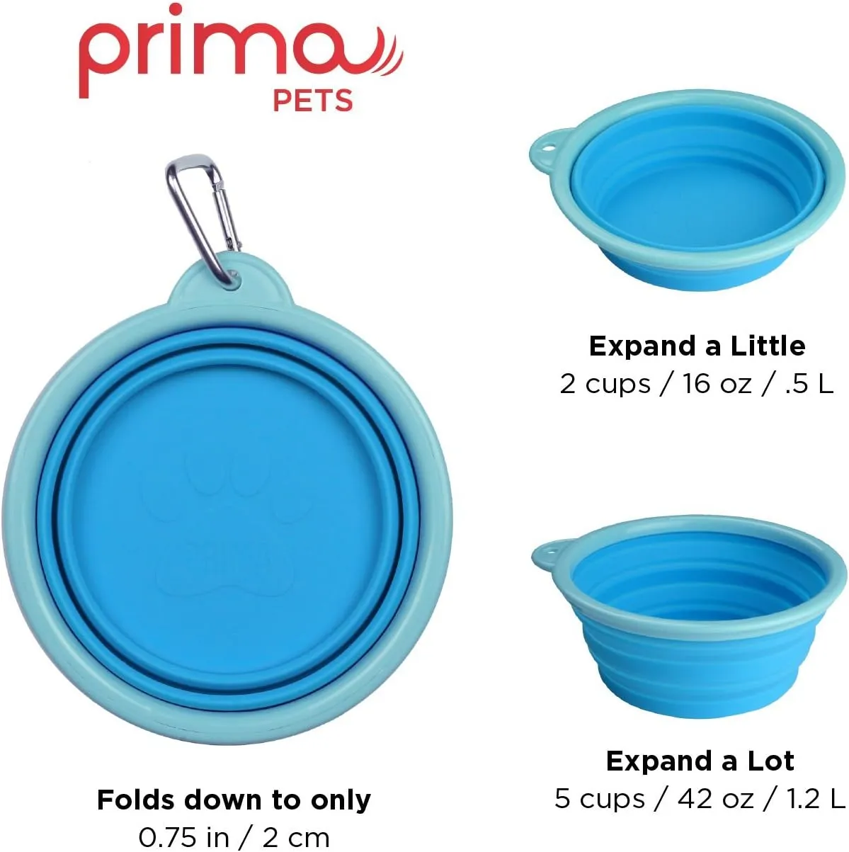 Prima Pet Collapsible Silicone Water Travel Bowl with Clip for Dog and Cat, Portable and Durable Pop-up Feeder for Convenient On-The-go Feeding – Size: Large (5 Cups) Aqua – 2 Pack