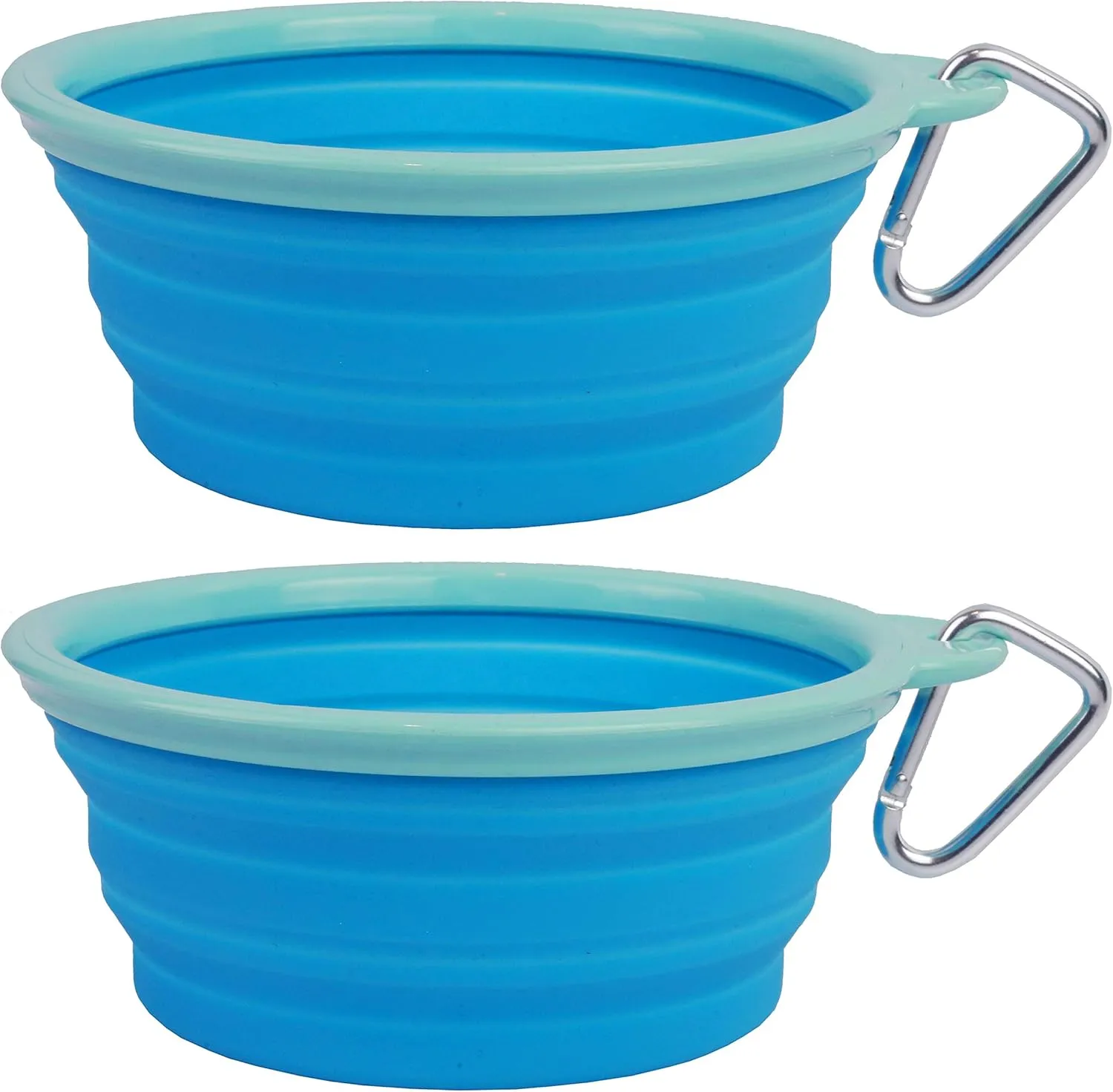 Prima Pet Collapsible Silicone Water Travel Bowl with Clip for Dog and Cat, Portable and Durable Pop-up Feeder for Convenient On-The-go Feeding – Size: Large (5 Cups) Aqua – 2 Pack