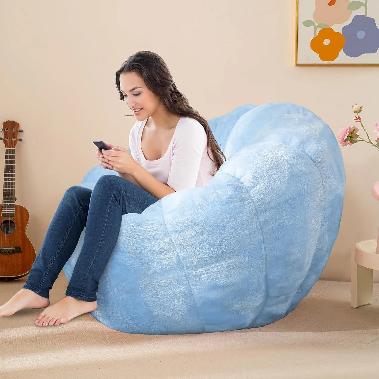 Pumpkin Bean Bag Sofa Chair for Adult, Beanbag Couch with Filler for Reading and Relaxation, Comfy and Lazy Sofa for Dorm, Apartment, Living Room and Bedroom, Sky Blue