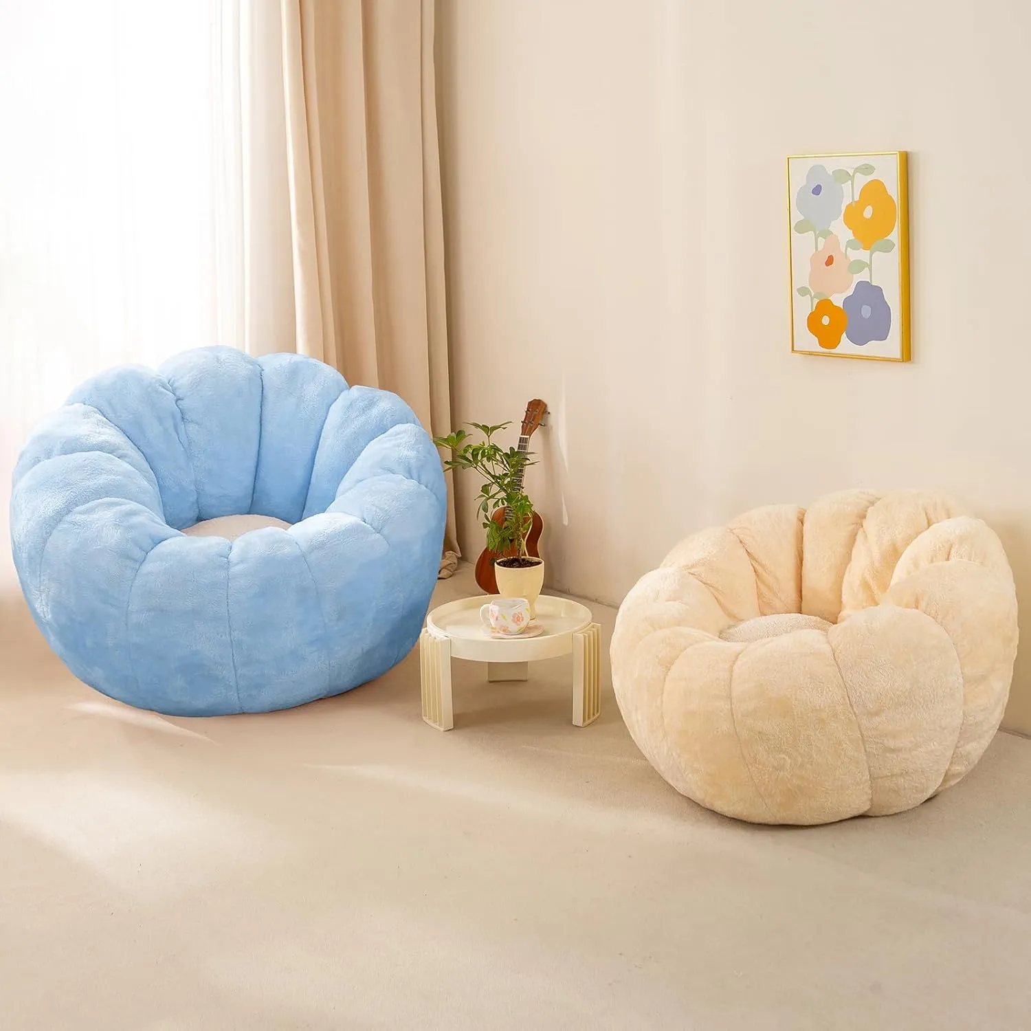 Pumpkin Bean Bag Sofa Chair for Adult, Beanbag Couch with Filler for Reading and Relaxation, Comfy and Lazy Sofa for Dorm, Apartment, Living Room and Bedroom, Sky Blue