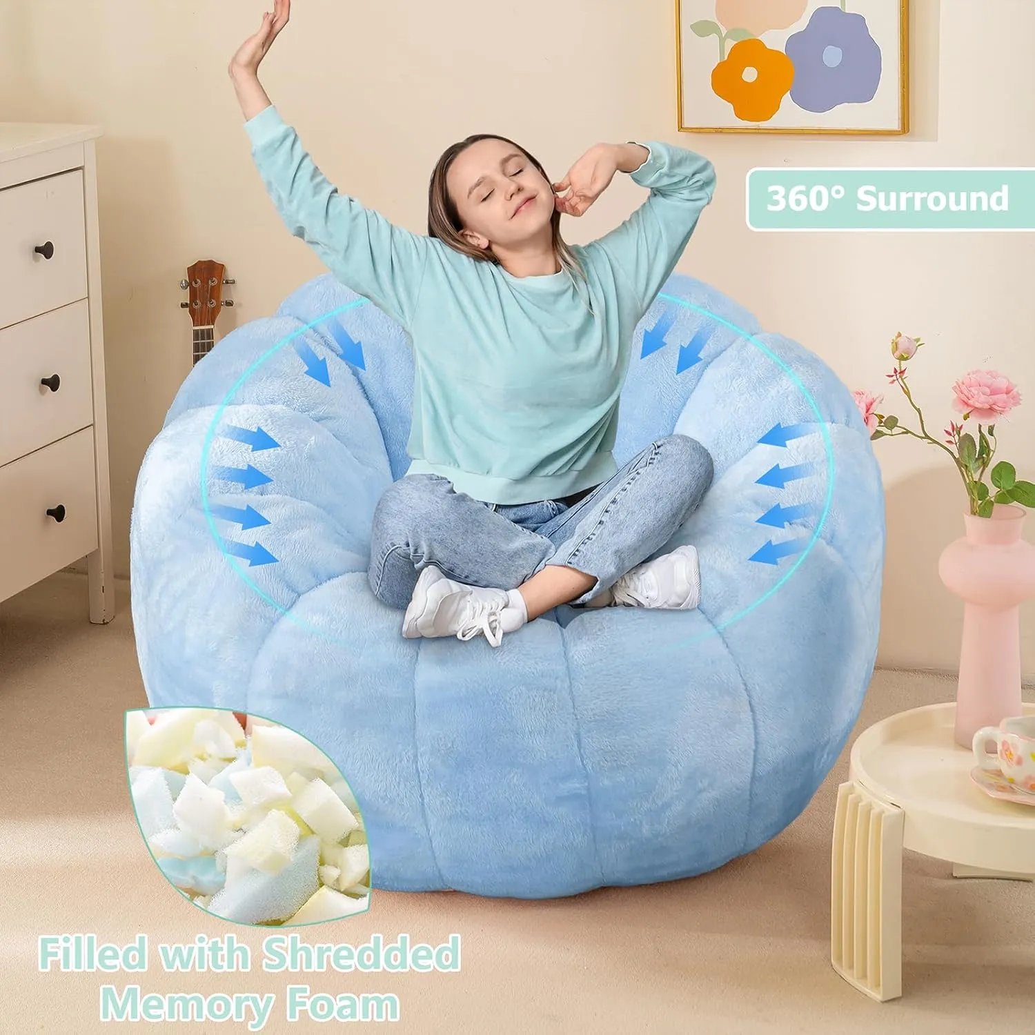 Pumpkin Bean Bag Sofa Chair for Adult, Beanbag Couch with Filler for Reading and Relaxation, Comfy and Lazy Sofa for Dorm, Apartment, Living Room and Bedroom, Sky Blue