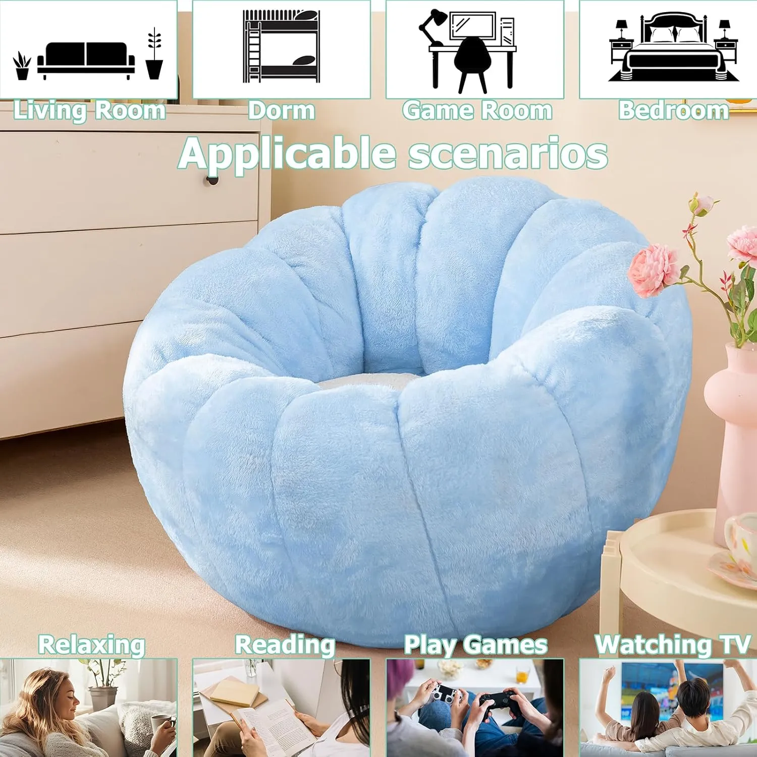 Pumpkin Bean Bag Sofa Chair for Adult, Beanbag Couch with Filler for Reading and Relaxation, Comfy and Lazy Sofa for Dorm, Apartment, Living Room and Bedroom, Sky Blue
