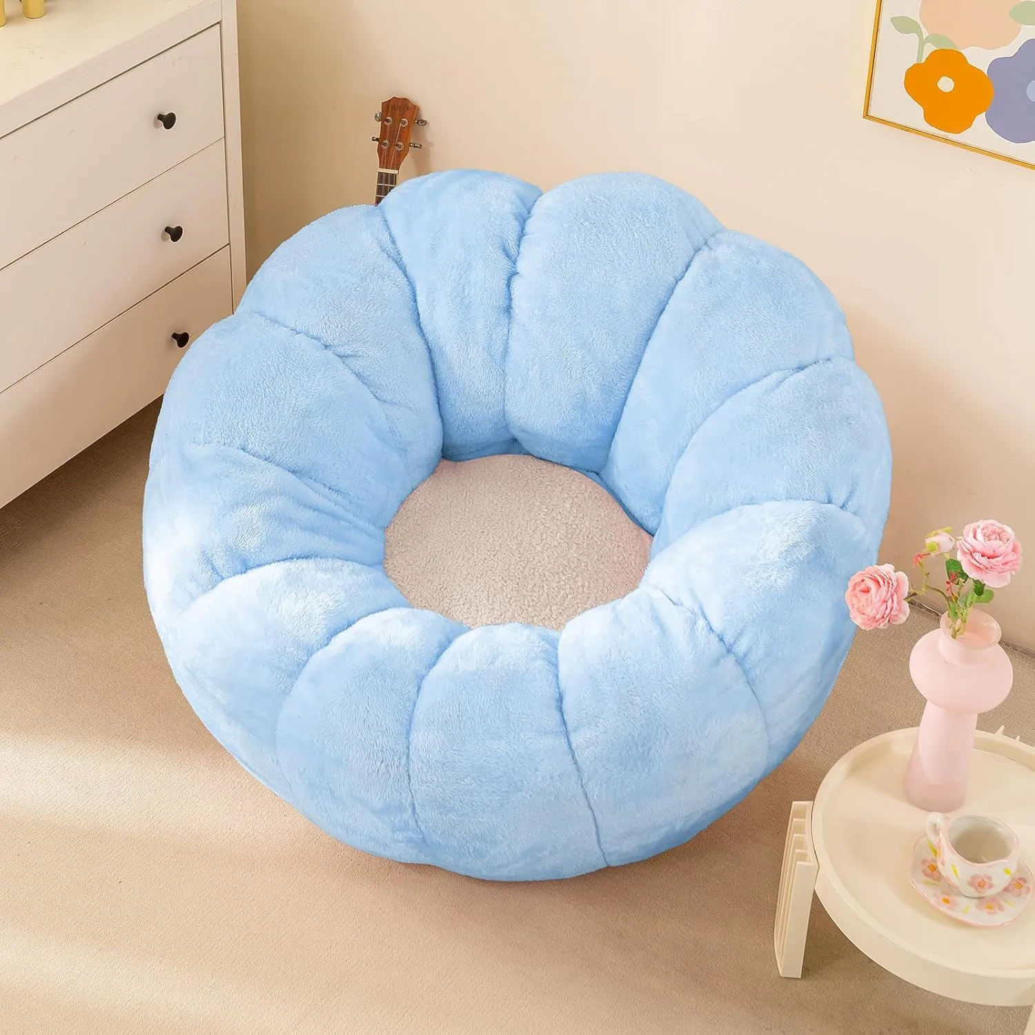 Pumpkin Bean Bag Sofa Chair for Adult, Beanbag Couch with Filler for Reading and Relaxation, Comfy and Lazy Sofa for Dorm, Apartment, Living Room and Bedroom, Sky Blue