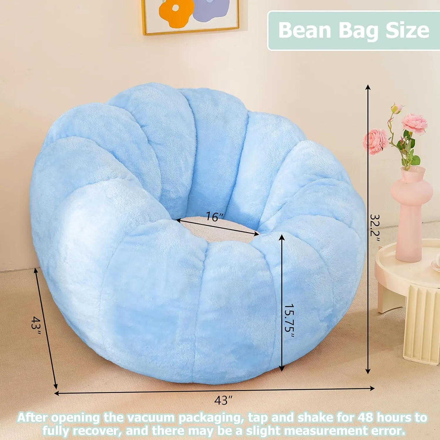 Pumpkin Bean Bag Sofa Chair for Adult, Beanbag Couch with Filler for Reading and Relaxation, Comfy and Lazy Sofa for Dorm, Apartment, Living Room and Bedroom, Sky Blue