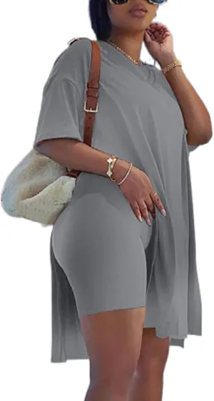 qfmqkpi Women’s Casual 2 Piece Outfits V Neck Side Split Tops and Shorts Set Tracksuit