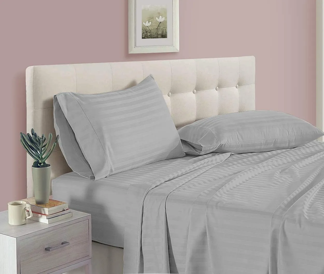 Queen Size Ash/Silver Striped Bed Sheet Set - 800 TC Egyptian Cotton Bedding - Upto 18 Inch Deep Pocket of Cotton Sheets - 6 Piece Premium Sheet Set Cotton