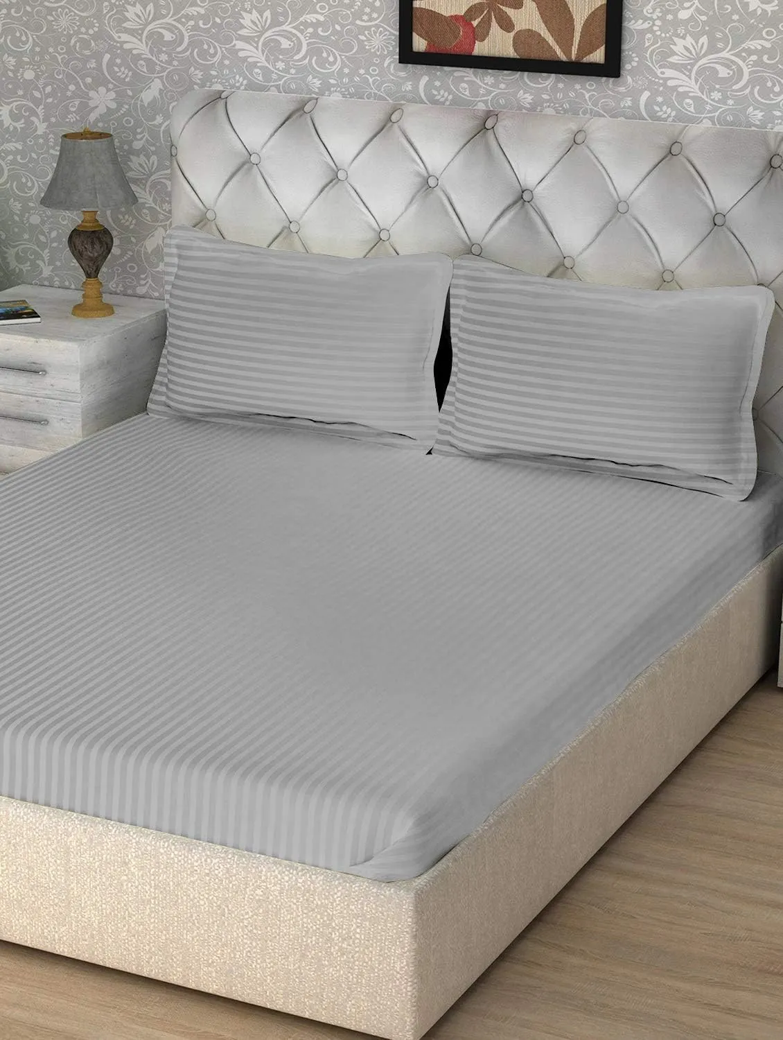 Queen Size Ash/Silver Striped Bed Sheet Set - 800 TC Egyptian Cotton Bedding - Upto 18 Inch Deep Pocket of Cotton Sheets - 6 Piece Premium Sheet Set Cotton