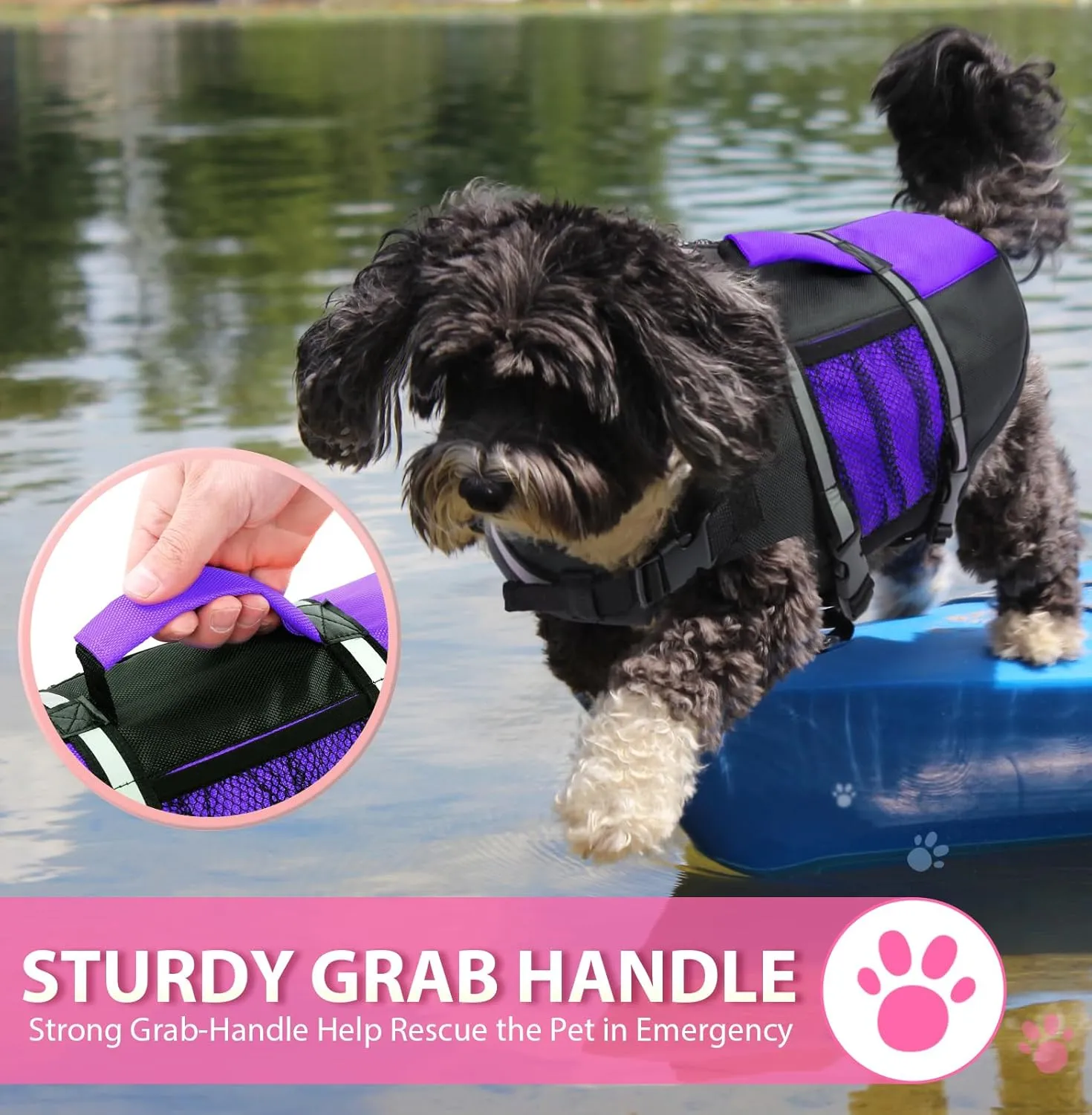 Queenmore Small Dog Life Jacket, Adjustable Pet Life Vest for Small and Medium Dogs with High Buoyancy, Rescue Handle, Reflective Bands for Boating, Canoeing, Swimming