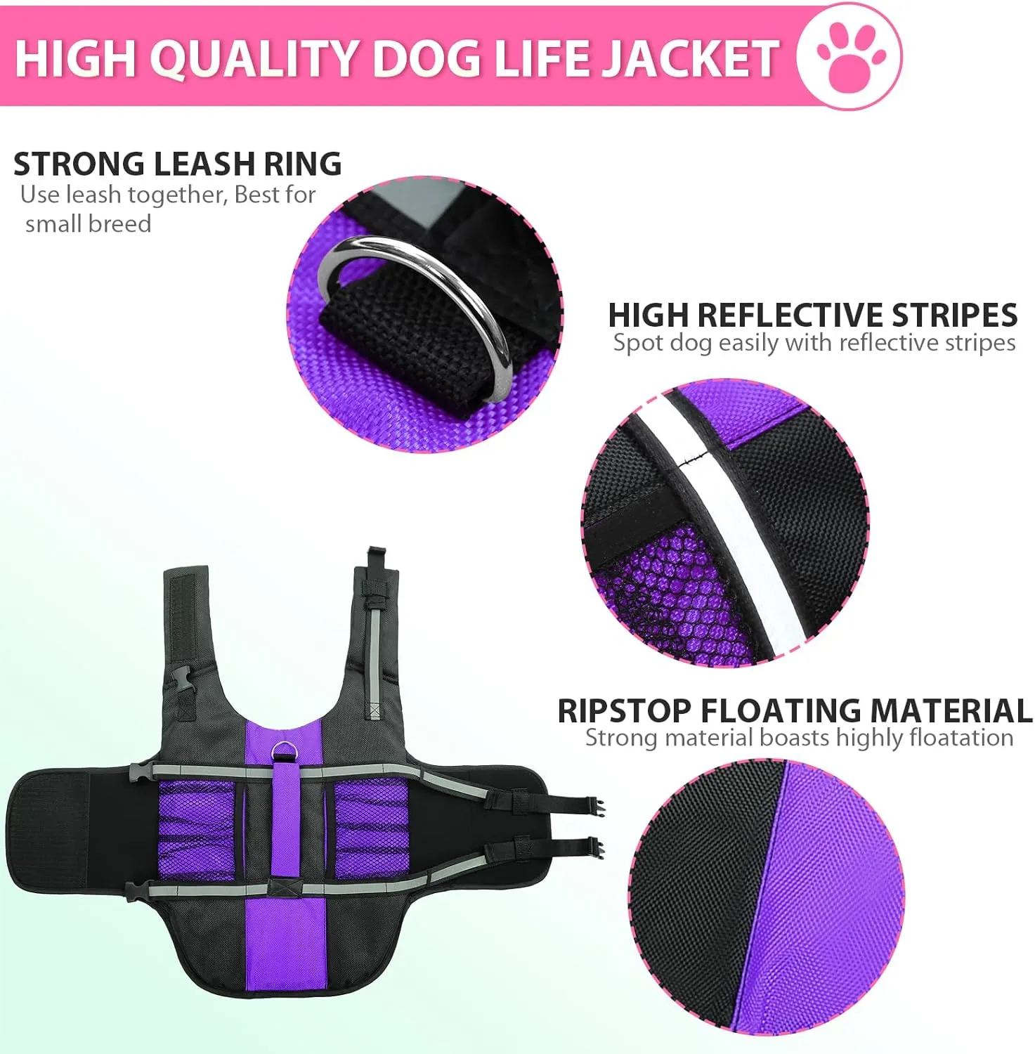 Queenmore Small Dog Life Jacket, Adjustable Pet Life Vest for Small and Medium Dogs with High Buoyancy, Rescue Handle, Reflective Bands for Boating, Canoeing, Swimming