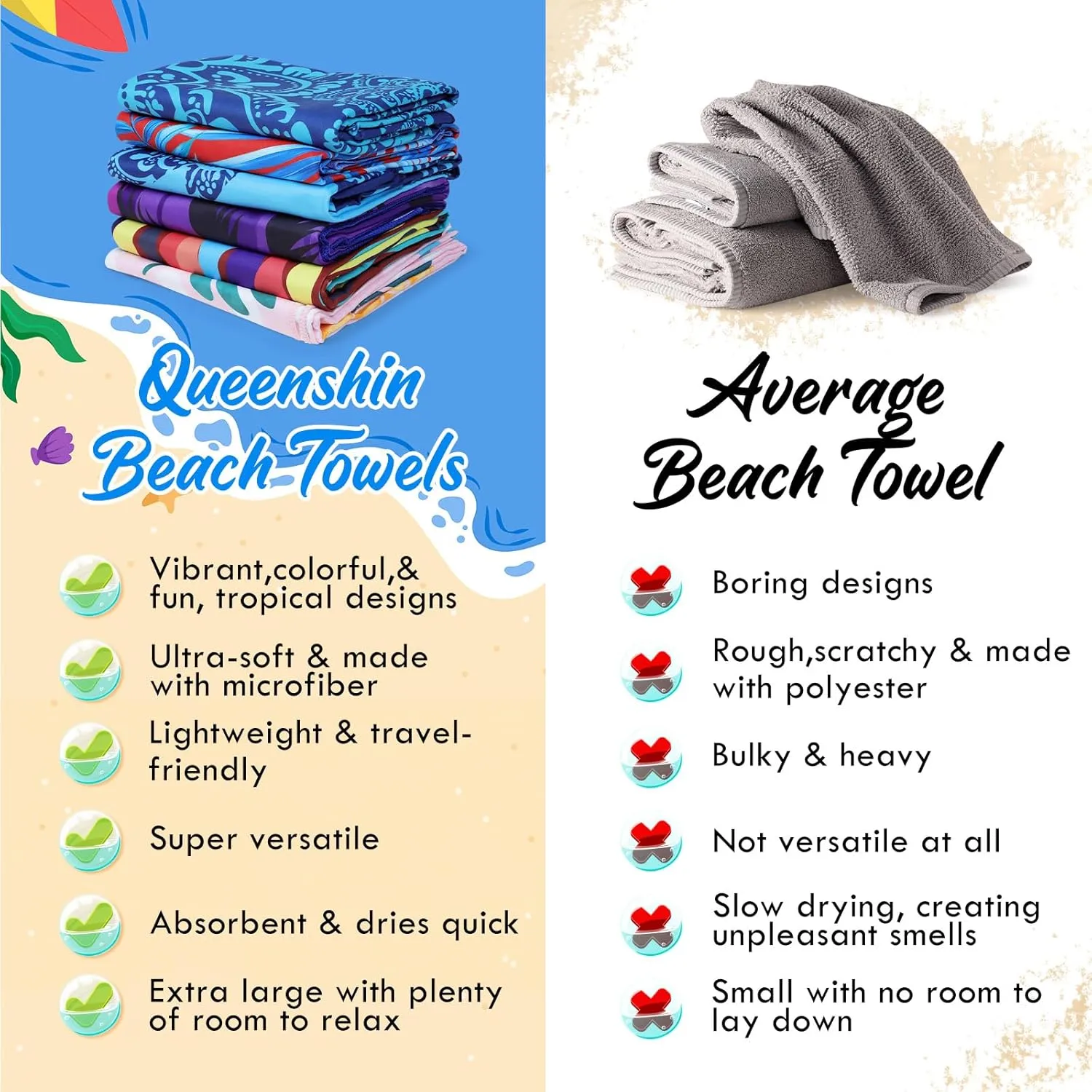 Queenshin 2 Pack Microfiber Beach Towel Oversized 71"x35" Big Extra Large Lightweight Sand Free Towels for Adult Quick Dry Absorbent Travel Camping Beach Accessories Vacation Essential Gift