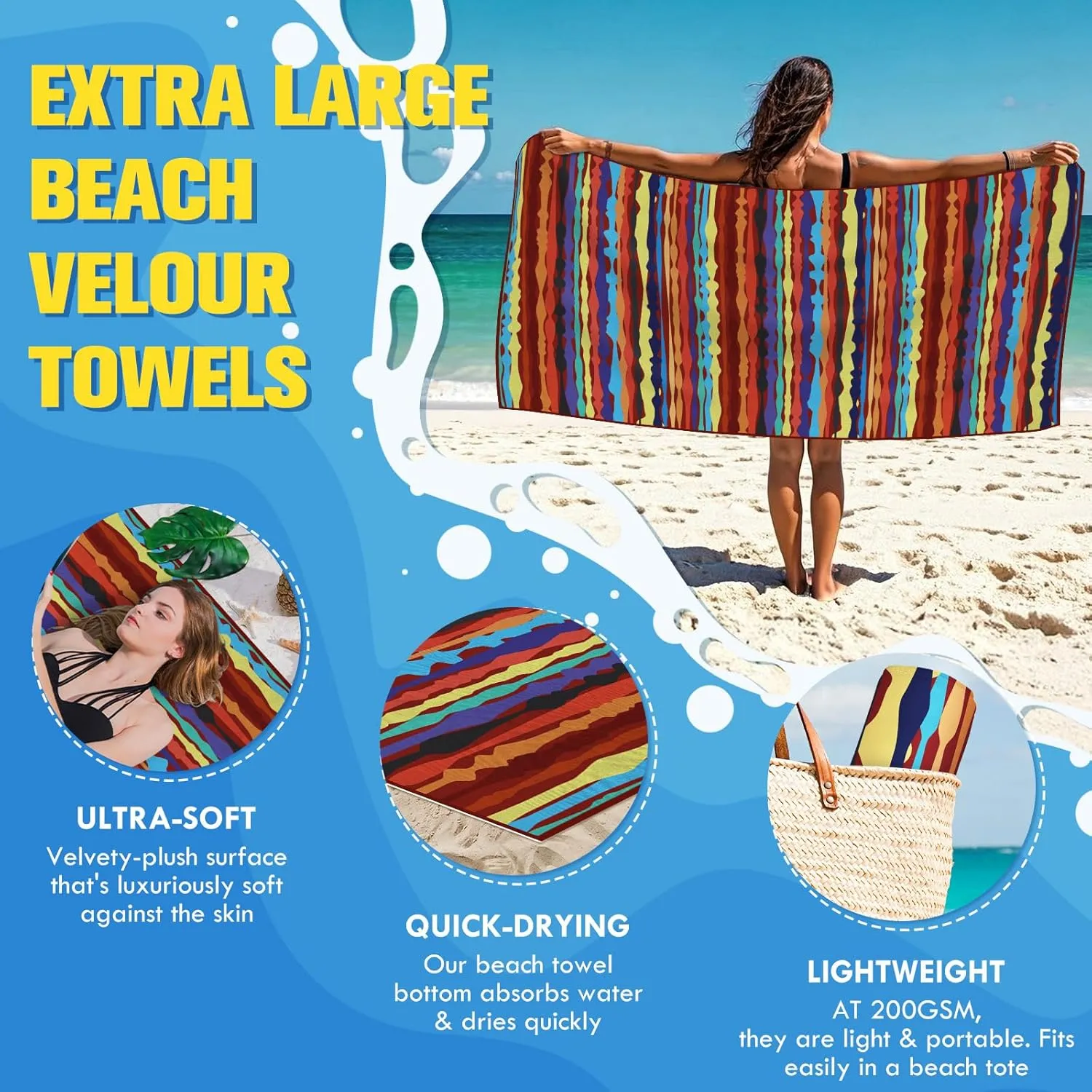 Queenshin 2 Pack Microfiber Beach Towel Oversized 71"x35" Big Extra Large Lightweight Sand Free Towels for Adult Quick Dry Absorbent Travel Camping Beach Accessories Vacation Essential Gift