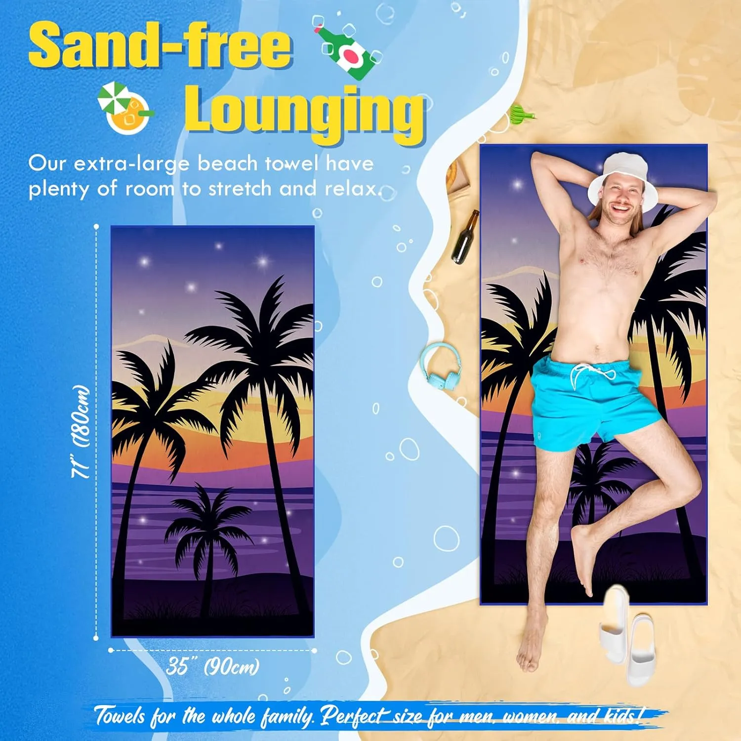 Queenshin 2 Pack Microfiber Beach Towel Oversized 71"x35" Big Extra Large Lightweight Sand Free Towels for Adult Quick Dry Absorbent Travel Camping Beach Accessories Vacation Essential Gift