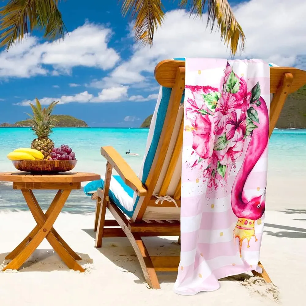 Queenshin Cabana Stripes Flamingo Microfiber Beach Towels Oversized for Adults, Large Pink Soft Quick Dry Absorbent Lightweight Bath Towel Blanket Sandproof, 30" x 60"