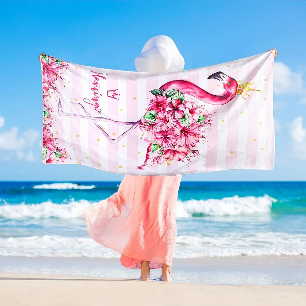 Queenshin Cabana Stripes Flamingo Microfiber Beach Towels Oversized for Adults, Large Pink Soft Quick Dry Absorbent Lightweight Bath Towel Blanket Sandproof, 30" x 60"