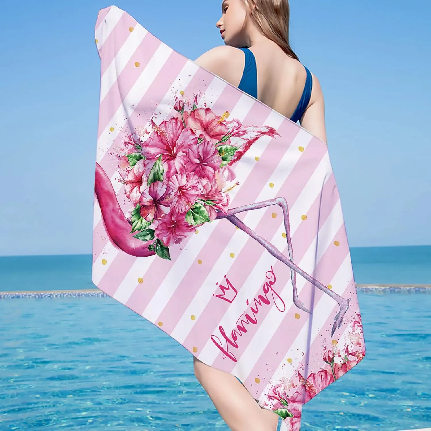 Queenshin Cabana Stripes Flamingo Microfiber Beach Towels Oversized for Adults, Large Pink Soft Quick Dry Absorbent Lightweight Bath Towel Blanket Sandproof, 30" x 60"