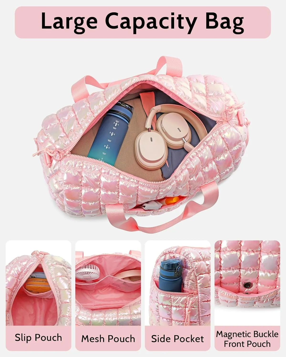 Quilted Duffel Bag for Women, Puffer Gym Duffle Bag with Shoe Compartment Lightweight Large Crossbody Sport Travel Bag Tote Pink Abalone