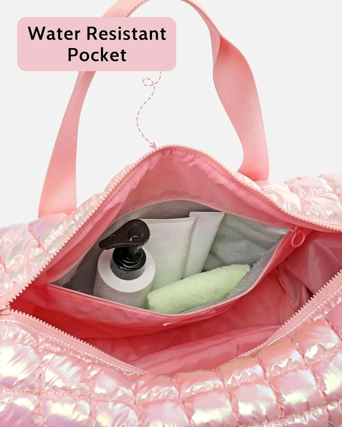 Quilted Duffel Bag for Women, Puffer Gym Duffle Bag with Shoe Compartment Lightweight Large Crossbody Sport Travel Bag Tote Pink Abalone