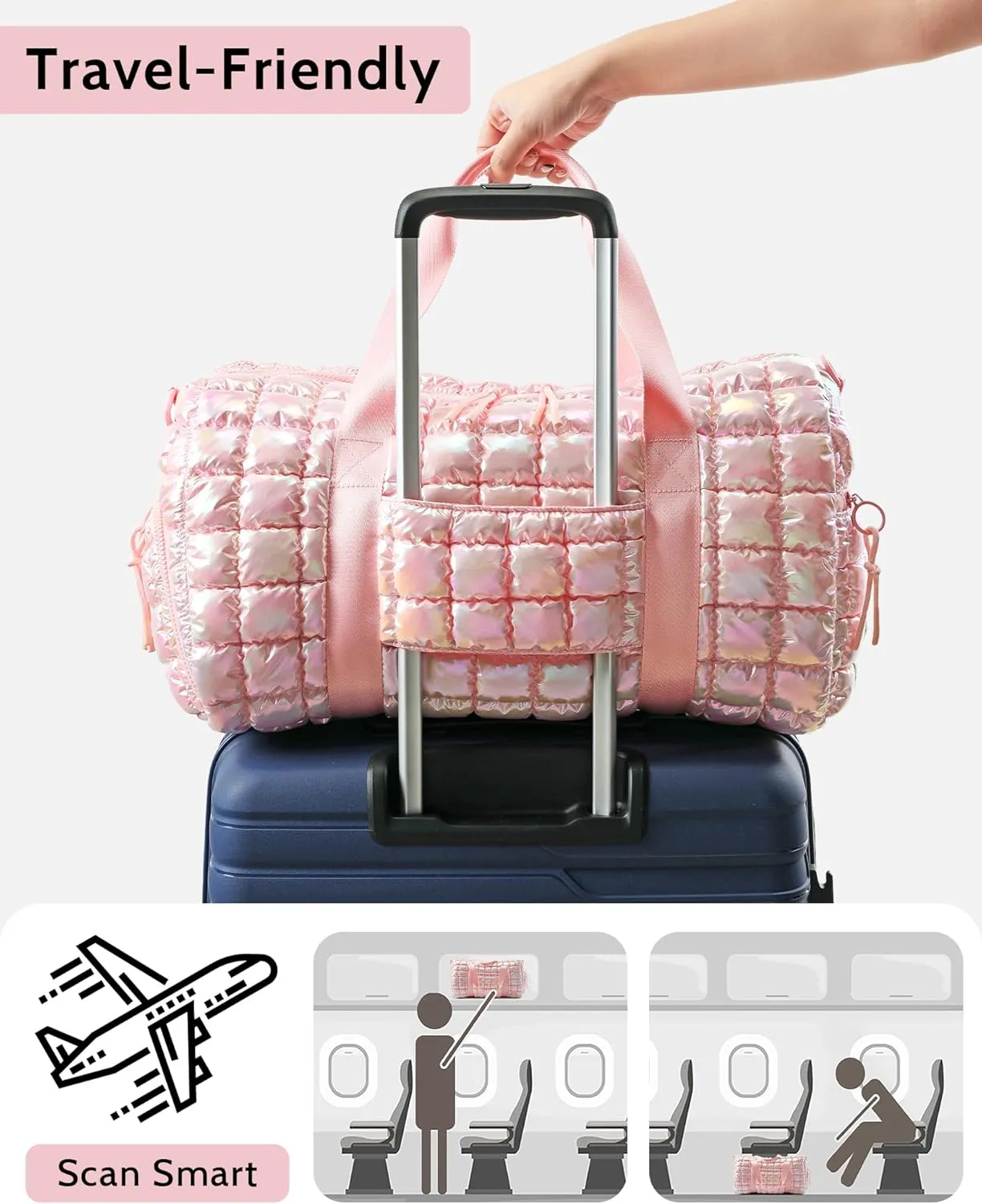 Quilted Duffel Bag for Women, Puffer Gym Duffle Bag with Shoe Compartment Lightweight Large Crossbody Sport Travel Bag Tote Pink Abalone