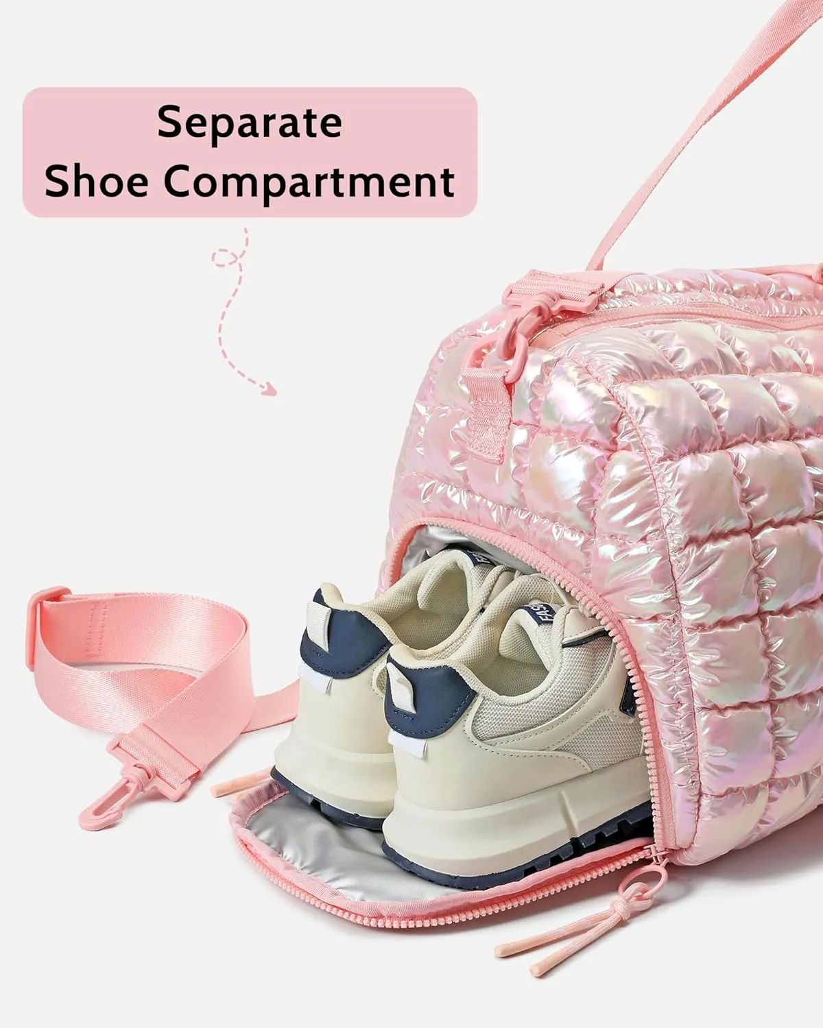 Quilted Duffel Bag for Women, Puffer Gym Duffle Bag with Shoe Compartment Lightweight Large Crossbody Sport Travel Bag Tote Pink Abalone