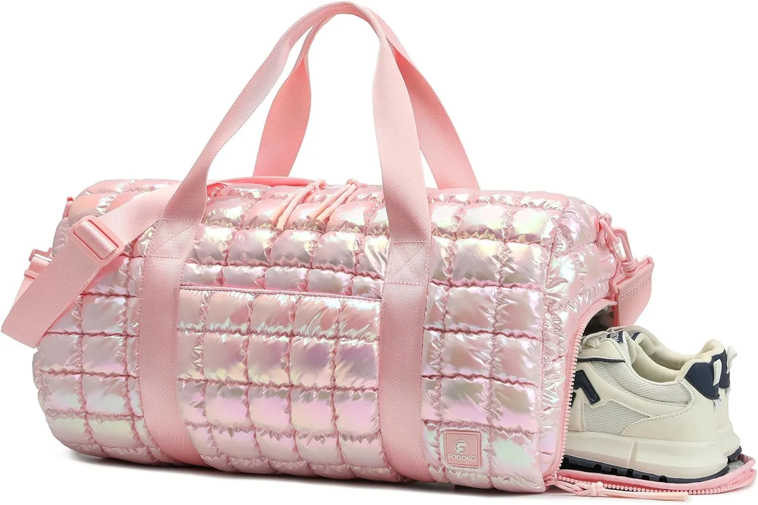 Quilted Duffel Bag for Women, Puffer Gym Duffle Bag with Shoe Compartment Lightweight Large Crossbody Sport Travel Bag Tote Pink Abalone