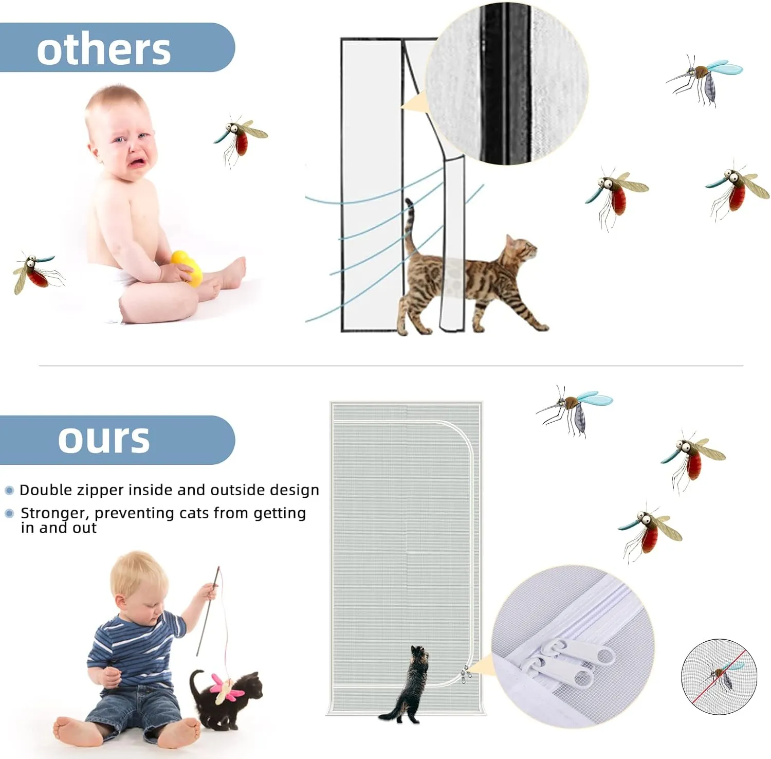 QWR Reinforced Cat Screen Door,Fits Door Size 32''x 80'',Thickened Cat Proof Screen Door with Zipper Closure for Living Room,Kitchen,Bedroom.