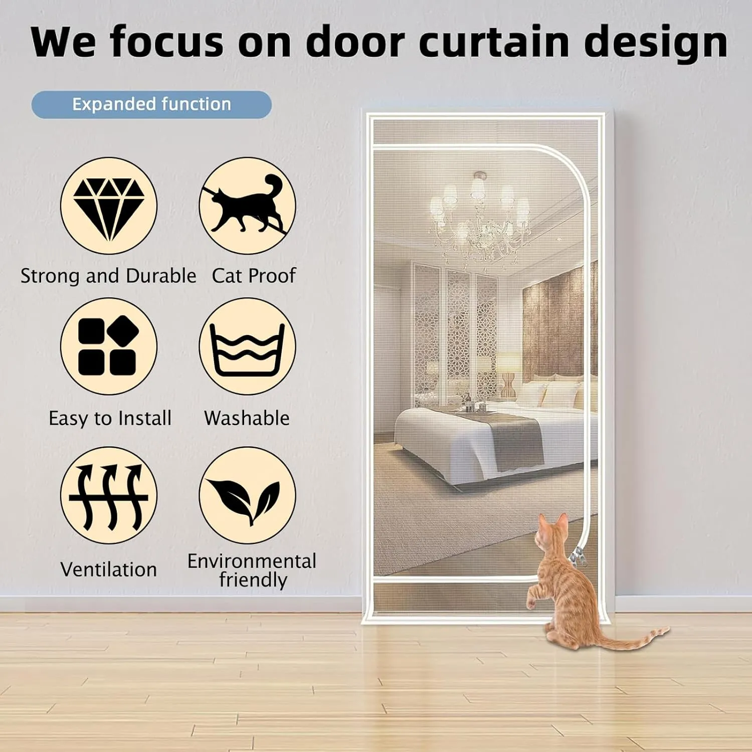 QWR Reinforced Cat Screen Door,Fits Door Size 32''x 80'',Thickened Cat Proof Screen Door with Zipper Closure for Living Room,Kitchen,Bedroom.