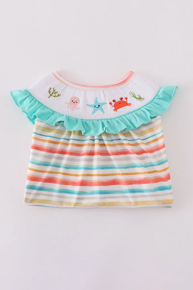 Rainbow stripe marine creature embroidery smocked shorts set