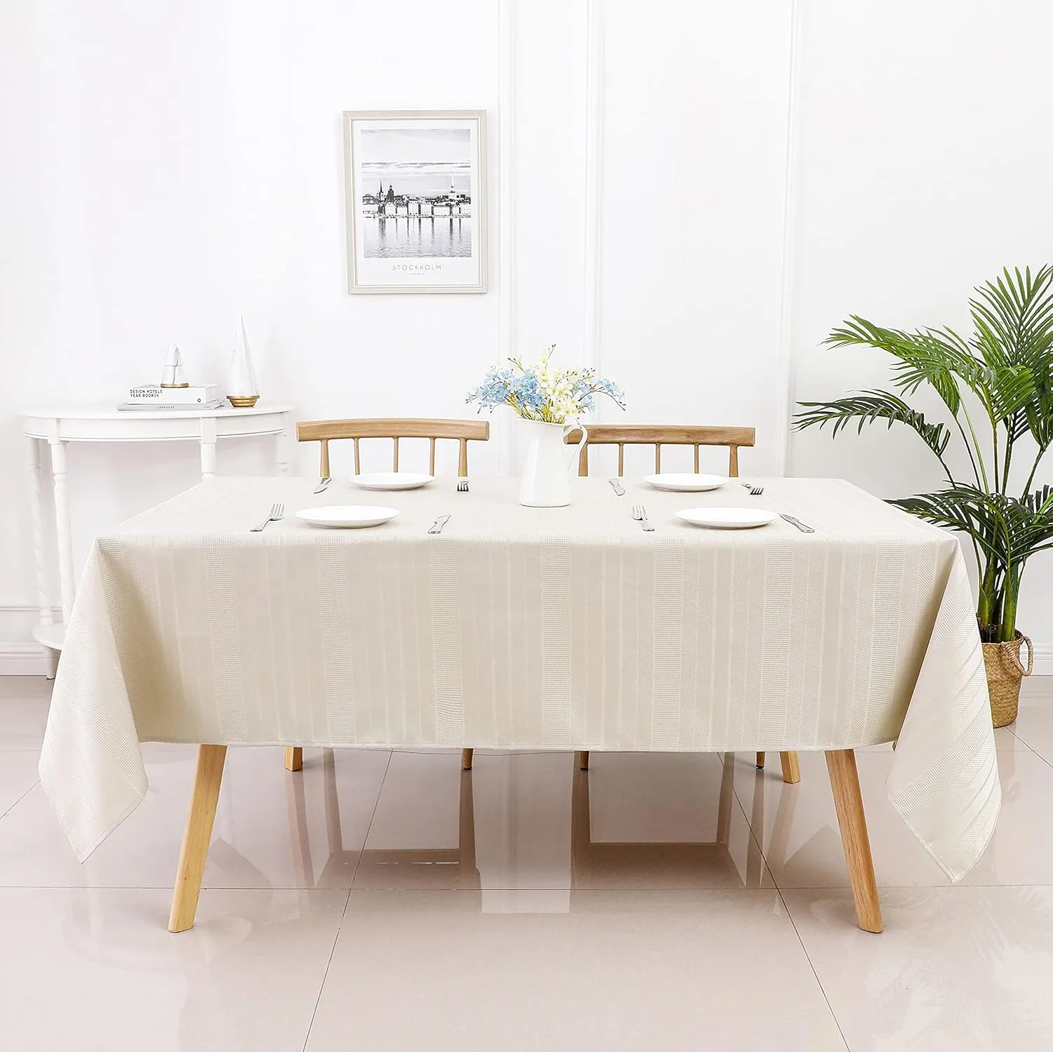Randall Beige Rectangle Oblong Tablecloth Farmhouse 60" x84” 7 Feet Heavy Duty, Water Resistant Dust-Proof & Anti-Stain Table Cover for Kitchen Dinning Party Tabletop Decoration (6 Seats)
