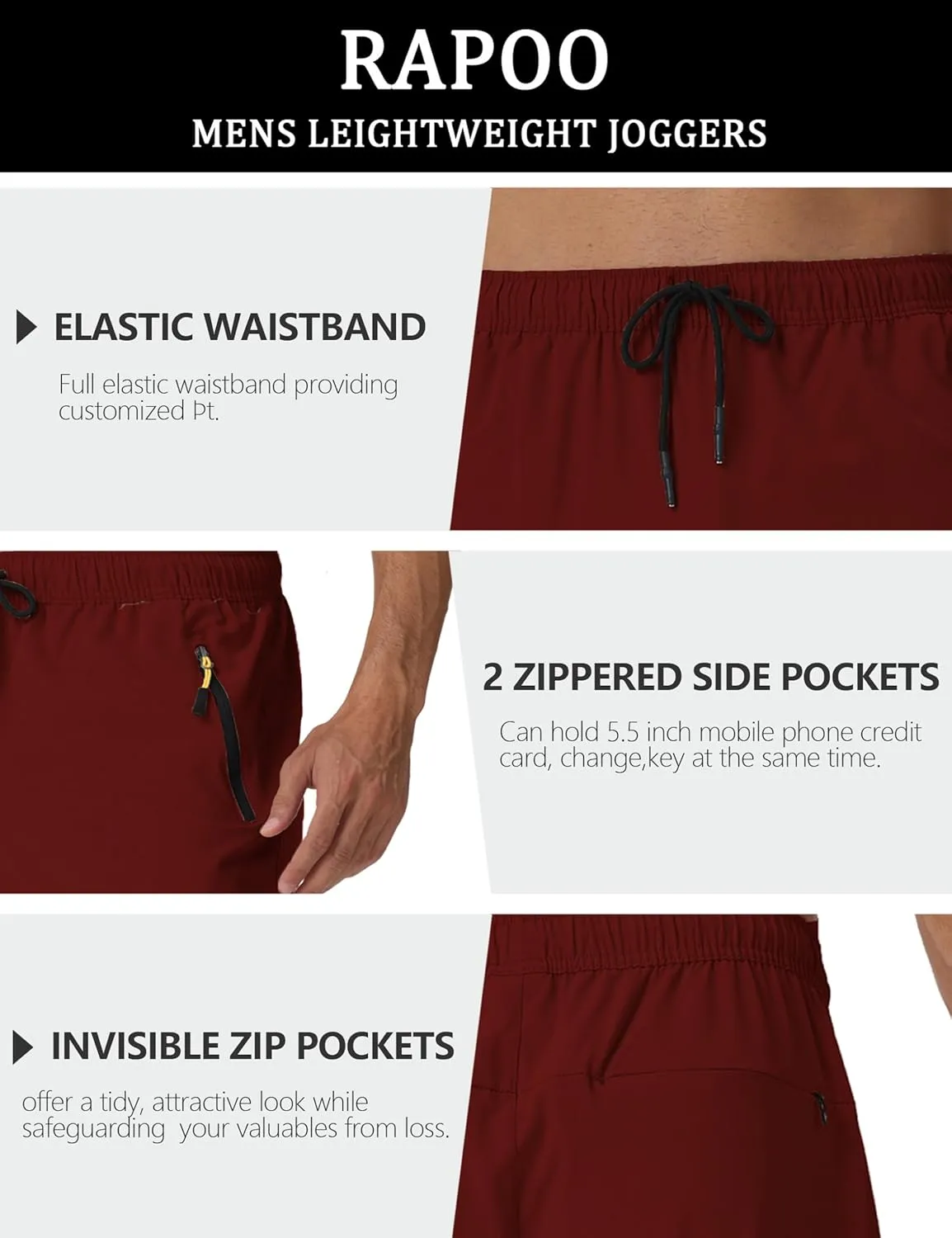 Rapoo Mens Lightweight Hiking Pants Quick Dry Stretch Joggers for Running Workout Casual