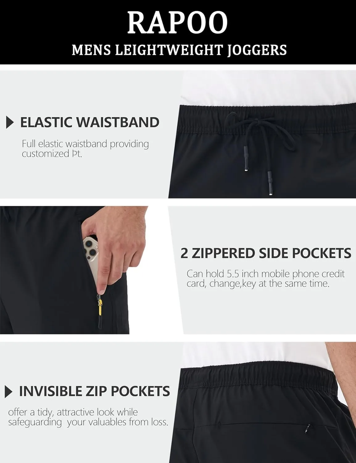 Rapoo Mens Lightweight Hiking Pants Quick Dry Stretch Joggers for Running Workout Casual