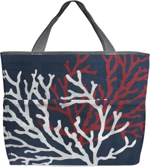 Red White Coral Beach Tote Bag for Women, Summer Ocean Nautical Coastal Navy Blue Mesh Beach Bags Waterproof Sandproof, Outdoor Picnic Swim Pool Handbag - Large Beach Bag with Zipper and Pockets
