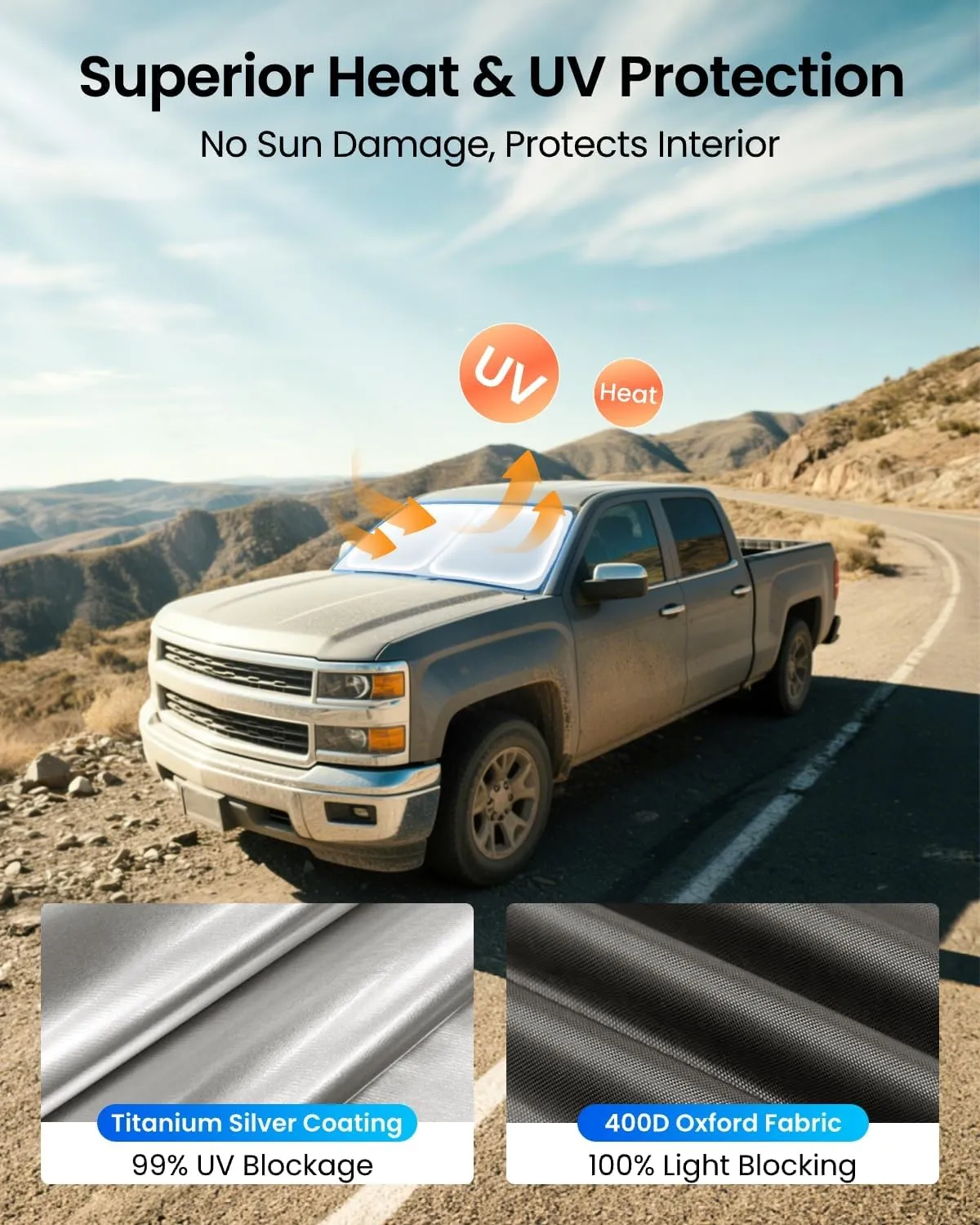 REEVAA 2025 Upgraded Windshield Sun Shade for Ch-evrolet Silverado 1500 (2025-2019) [Tailored Fit, 99% Sun Protection] Protect Interior & Keep Cool, Foldable Sunshade Car Accessories with Storage Bag