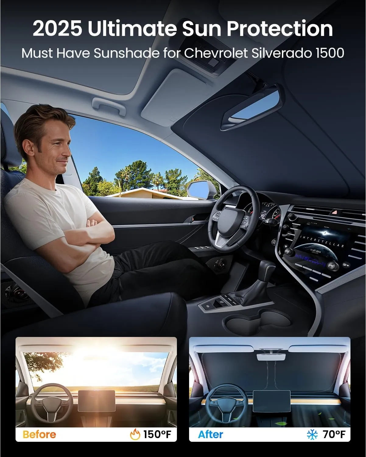 REEVAA 2025 Upgraded Windshield Sun Shade for Ch-evrolet Silverado 1500 (2025-2019) [Tailored Fit, 99% Sun Protection] Protect Interior & Keep Cool, Foldable Sunshade Car Accessories with Storage Bag