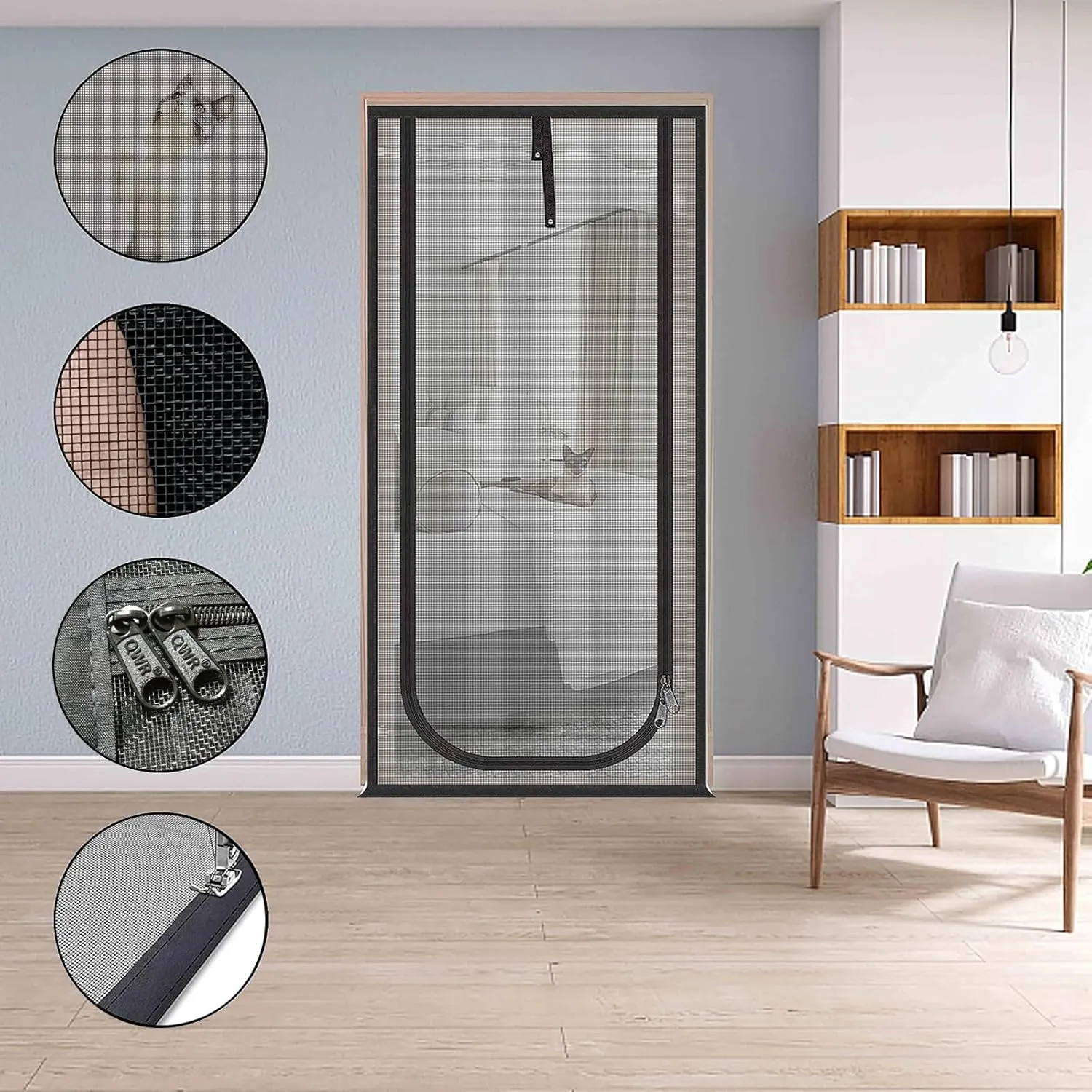 Reinforced Cat Screen Door,Fits Door Size 34''x 81'',Thickened Cat Resistant Mesh Screen Door for Living Room,Kitchen,Bedroom,Cat Proof Screen with Zipper Closure. Black