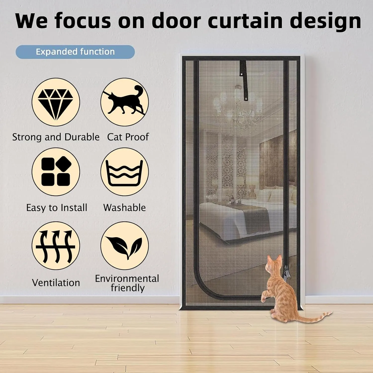 Reinforced Cat Screen Door,Fits Door Size 34''x 81'',Thickened Cat Resistant Mesh Screen Door for Living Room,Kitchen,Bedroom,Cat Proof Screen with Zipper Closure. Black