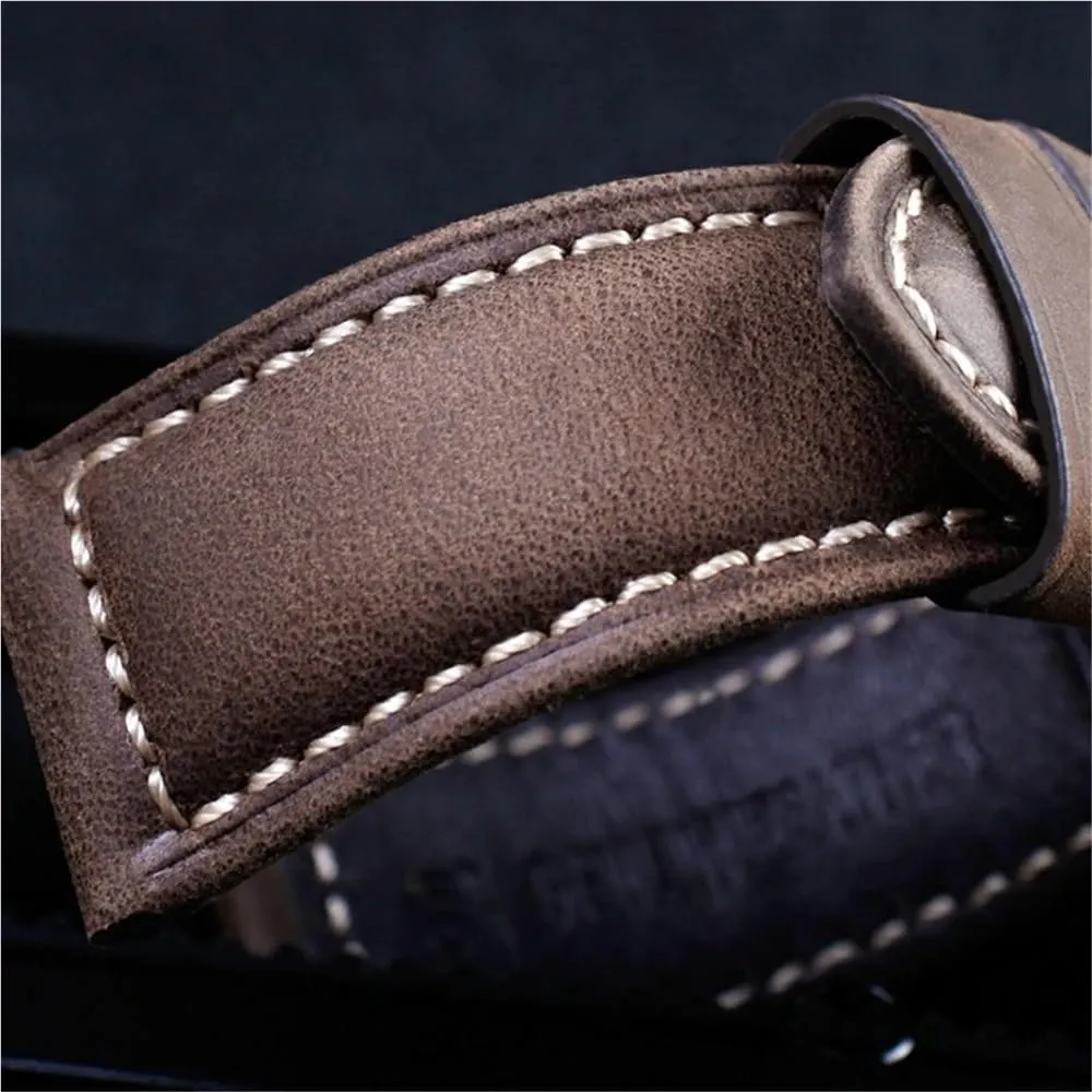 Retro Genuine Leather Strap Handmade Crazy Horse Design Cowhide Watchbands For 20mm 22mm 24mm 26mm Men Band(PAY01 Wine red bk,24mm)