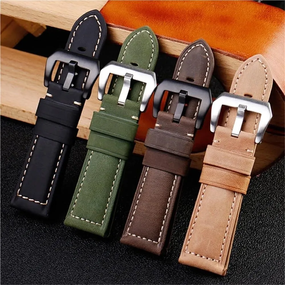 Retro Genuine Leather Strap Handmade Crazy Horse Design Cowhide Watchbands For 20mm 22mm 24mm 26mm Men Band(PAY01 Wine red bk,24mm)