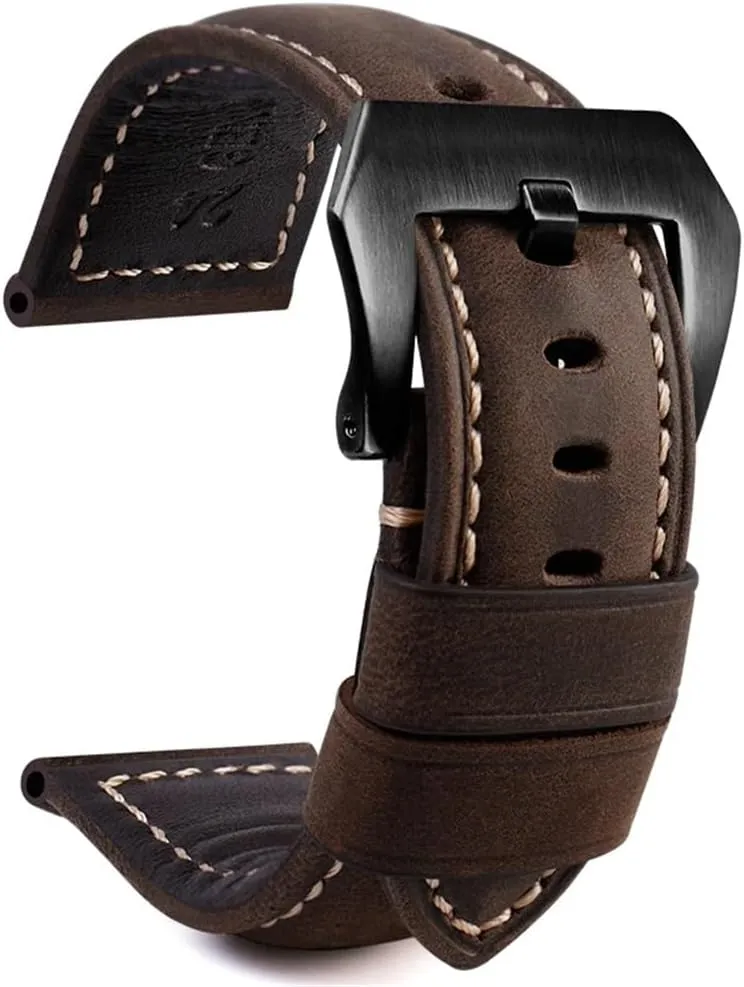 Retro Genuine Leather Strap Handmade Crazy Horse Design Cowhide Watchbands For 20mm 22mm 24mm 26mm Men Band(PAY01 Wine red bk,24mm)