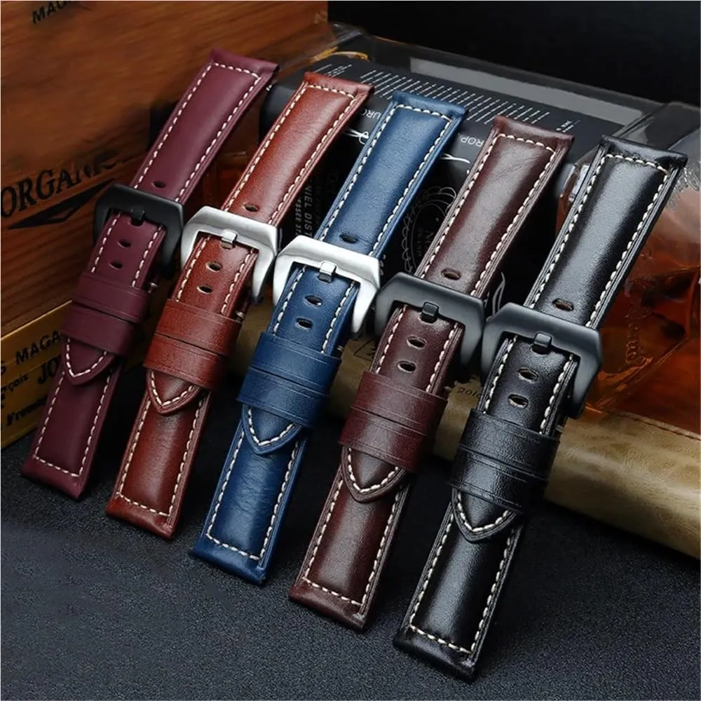 Retro Genuine Leather Strap Handmade Crazy Horse Design Cowhide Watchbands For 20mm 22mm 24mm 26mm Men Band(PAY01 Wine red bk,24mm)