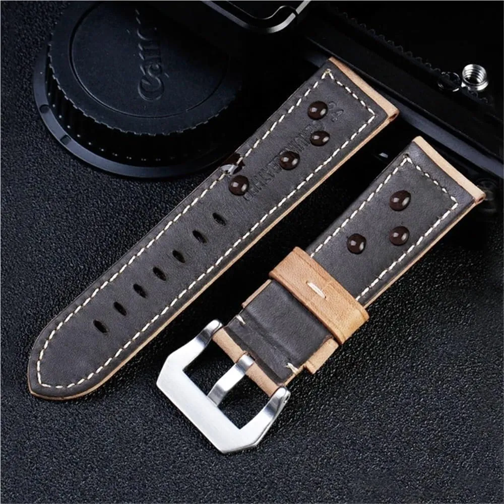 Retro Genuine Leather Strap Handmade Crazy Horse Design Cowhide Watchbands For 20mm 22mm 24mm 26mm Men Band(PAY01 Wine red bk,24mm)